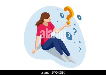 Isometric Question Marks, Message box with question, Chatbot technology, AI chat bot based on artificial intelligence. Woman Ask Questions and receive Stock Vector