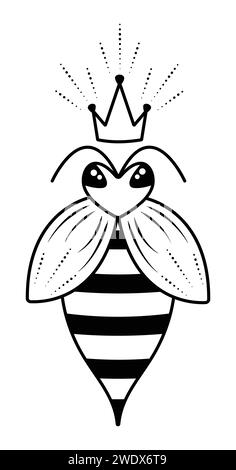 Cute bee queen with a crown, honeybee mother black and white vector illustration Stock Vector