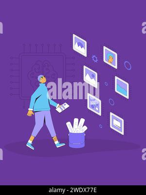 Prompt engineering image generator. Artificial general intelligence helps to designer to create painting. Young artist working with AGI. Vector illust Stock Vector