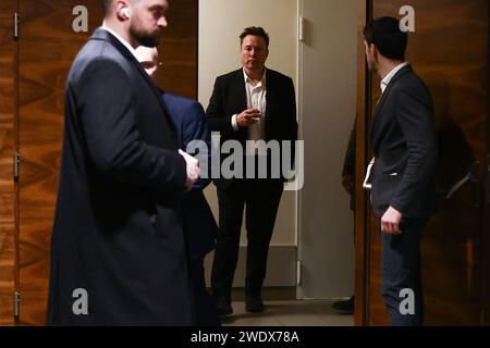 Krakow, Poland. 22nd Jan, 2024. Elon Musk, owner of Tesla and the X (formerly Twitter) platform, arrives for a symposium on fighting antisemitism titled 'Never Again : Lip Service or Deep Conversation' in Krakow, Poland on January 22nd, 2024. Musk, who was invited to Poland by the European Jewish Association (EJA) has visited the Auschwitz-Birkenau concentration camp earlier that day, ahead of International Holocaust Remembrance Day. Credit: ZUMA Press, Inc./Alamy Live News Stock Photo