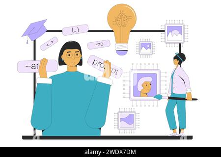 Prompt engineering online course. Learning crafting precise instructions or queries that guide AI models to generate visual, text, audio. Artificial i Stock Vector