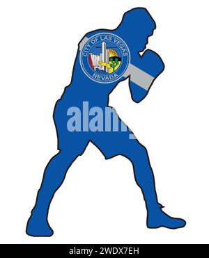 Silhouette of a heavyweight boxer in outline set over the flag of the city of Las Vegas Stock Vector