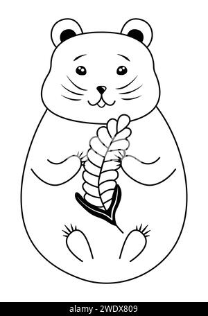 Cute hamster who eats grain, vector black and white illustration Stock Vector
