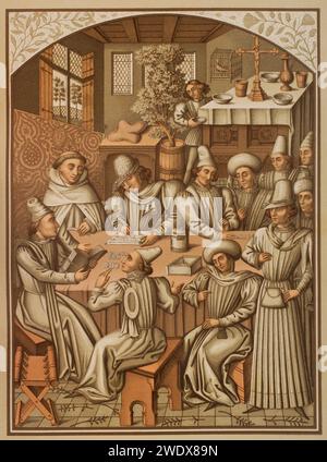 Settlement of accounts by the Brotherhood of "Charité-Dieu and Notre-Dame of the Recovery of Rouen", 1466. Chromolithography after a miniature from the "Livre des comptes" of the Society, 15th-century manuscript. "Moeurs, usages et costumes au moyen-âge et à l'époque de la Renaissance", by Paul Lacroix. Paris, 1878. Stock Photo