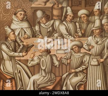 Settlement of accounts by the Brotherhood of "Charité-Dieu and Notre-Dame of the Recovery of Rouen", 1466. Chromolithography after a miniature from the "Livre des comptes" of the Society, 15th-century manuscript. Detail. "Moeurs, usages et costumes au moyen-âge et à l'époque de la Renaissance", by Paul Lacroix. Paris, 1878. Stock Photo
