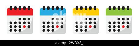 Glossy calendar symbol with red date mark icon set in four different colors. Special, holiday red date mark symbol on calendar icon set. Stock Vector