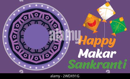 This vibrant vector celebrates Uttarayana with colorful, smiling Tri Colors kites flying against a purple backdrop. The intricate circular design on t Stock Vector