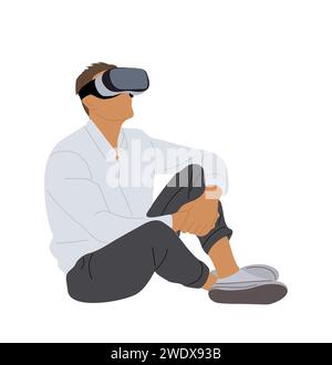 Business man sitting in virtual reality headset. Stock Vector