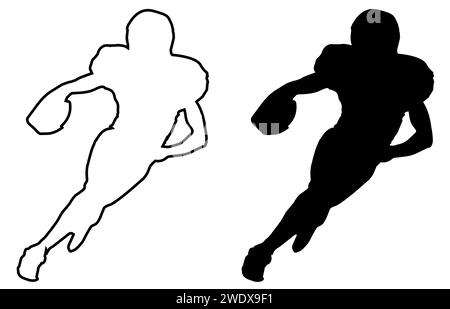 American football player running with the ball in outline and silhouette on a white background Stock Vector