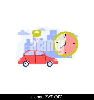automobile vehicle and clock show time and key. Vector illustration can using for carsharing concept, rent transport concept.  Stock Vector