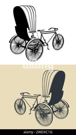 Stylized vector illustration of three wheeled man-powered vehicle Stock Vector