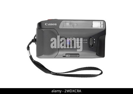 Old vintage point and shoot Canon 35mm film camera isolated on white background Stock Photo