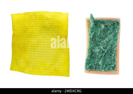 Used scrub cleaning sponge and kitchen sponge cloth isolated on white background, old weathered household cleaning equipment Stock Photo