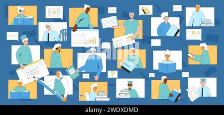 Senior aged people education. Elderly men and women learning online. Older adults students and graduates. Retirement science community. Vector flat il Stock Vector