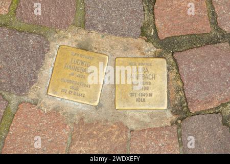 Seligenstadt, Germany - Januar 5, 2024: Stolpersteine project, stumbing stones on the pavement in front of former home of family Hainebach. Stock Photo