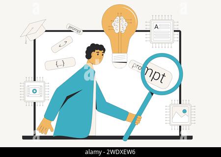 Prompt engineering study. Online course of artificial intelligence. Learn how to create precise instructions or queries that guide AI models to genera Stock Vector