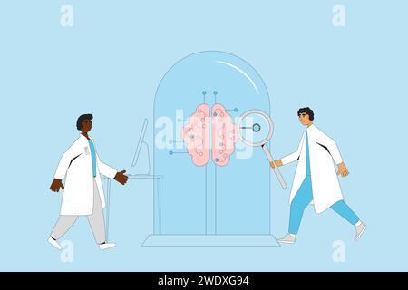 Artificial general intelligence research. Engineer and developer neuron network and technology brain. Computer science. Vector illustration Stock Vector