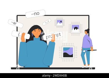 Prompt engineering course. Learning crafting precise instructions or queries that guide AI models to generate visual, text, audio. Artificial intellig Stock Vector