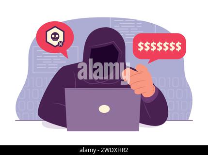 Hacker Man Stealing Data from Laptop Computer for Cyber Crime Concept Illustration Stock Vector