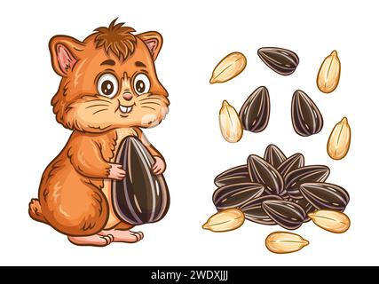 Cute little hamster animal hold sunflower seeds food, heap sun flower kernels in shell icon. Funny pet rodent cartoon character eating grain. Vector Stock Vector