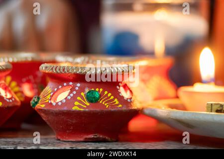 beautifully decorated diyas lit on the eve of diwali and the Ram temple Pran Pratishtha consecration celebrated across India and globally Stock Photo