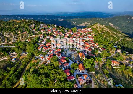 Aerial view of Spilaio, one of the most beautiful Greek mountainous villages. Grevena, West Macedonia, Greece. Stock Photo