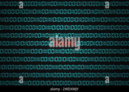 Red word "Doxxing" hidden in the middle of a binary code sequence. Stock Photo