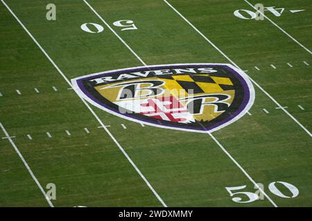 The Baltimore Ravens logo at midfield during the AFC Divisional Playoff game between the Ravens and the Houston Texans at M&T Bank Stadium on January 20, 2024 in Baltimore, Maryland. Stock Photo