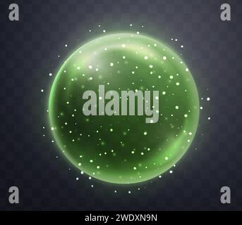 Green magic fantasy sphere. Crystal ball with glowing sparkles and particles. Energy orb with glow flare light effect. Isolated on transparent Stock Vector