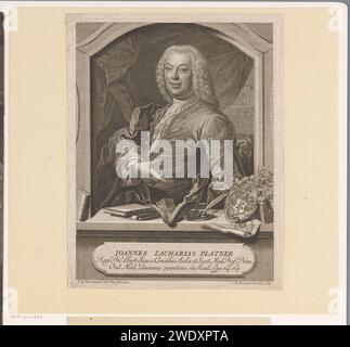 Portrait van Johann Zacharias Platner, Johann Martin Bernigeroth, after Elias Gottlob Haußmann, 1749 print  Leipzig paper engraving historical persons. armorial bearing, heraldry. book. ink-well Stock Photo