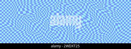 Blue groovy hippie 70s vector background. Chessboard and twisted pattern. Vector psychedelic abstract grid fun wallpaper. Retro style design for print Stock Vector