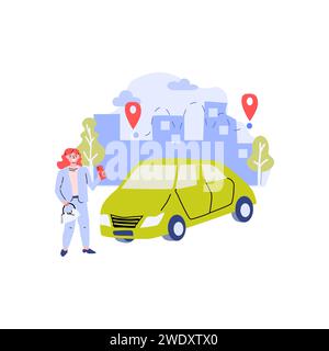 woman using mobile app for rent automobile vehicle, navigation mark in city. Vector illustration with car sharing concept.  Stock Vector