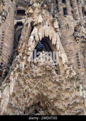 Coronation of the Virgin, sculture group of the Nativity Facade of the Sagrada Familia Basilica Stock Photo