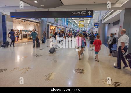 Interior view of Miami International Airport capturing the dynamic flow of passengers navigating with their luggage through the bustling terminal. Mia Stock Photo