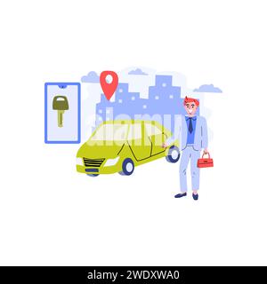 rent car sharing concept, transportation carsharing service . Vector illustration with modern cityscape background. man using mobile app ordering automobile vehicle with electronic key.  Stock Vector