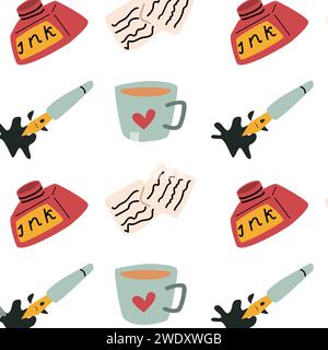 ink and cup of tea, notes background. Vector illustration in cartoon style isolated. writing seamless pattern.  Stock Vector