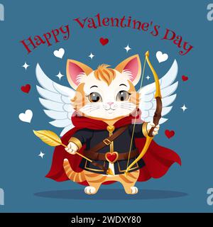 Valentines day greeting background. Postcard with a cute cat in a red raincoat with a bow and arrow. Gaming anime character. Vector illustration. Stock Vector