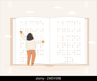 World Braille Day on 4th of January. Girl with book. Blind person learning and reading Braille. Vector illustration Stock Vector