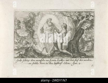 The creation of Adam, Crispijn van de Passe (I), 1700 - 1750 print God creates Adam in paradise. He blows him through his nose. In the margin a two -way caption in Dutch. print maker: Utrechtpublisher: Amsterdam paper engraving God brings Adam to paradise. God the Father as young or adult man (perhaps resembling Christ) Stock Photo