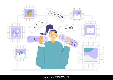 Text to image prompt engineering. Visual neuron network. Crafting precise instructions or queries that guide AI models to generate content. Artificial Stock Vector