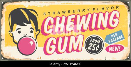 Chewing gum retro sign template for candy store. Kid blowing pink bubble gum balloon vintage advertisement. Comic or cartoon style vector graphic. Stock Vector