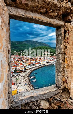 Partial view of Parga town from its castle. Preveza, Epirus, Greece. Stock Photo