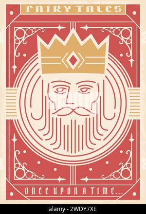 Medieval book cover design with king portrait. Fairy tales illustration on old paper or parchment texture. Once upon a time vintage vector graphic. Stock Vector