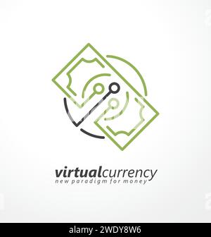 Virtual cryptocurrency logo design concept with money bill and electronic circuit board elements. Digital currency business line art symbol idea. Vect Stock Vector