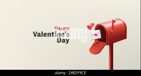 Valentines Day greeting composition. 3d vintage red mailbox with hearts and envelopes, realistic render graphic vector illustration Stock Vector
