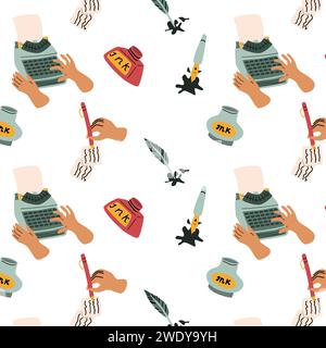 hand typewriting, ink and feather background. Vector illustration can used for writer, poetry day banner, wallpaper, poster. Seamless pattern with typewrite.  Stock Vector