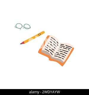 notebook, pen and glasses cartoon icons set. Vector illustration isolated. Retro vintage style. Can used for writing background. cartoon diary, book or notebook.  Stock Vector