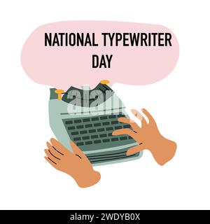 human hand writing on typewrite, national typewriter day banner. Vector illustration isolated.  Stock Vector