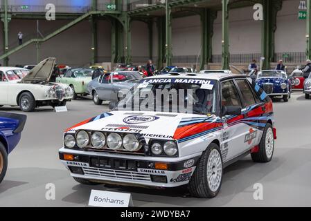 Bonhams 2020 sale at the Grand Palais in Paris. Focus on a white 1988 Lancia Delta HF Integrale 8V Group A Rally Car. Chassis no. ZLA831AB000417884. Stock Photo