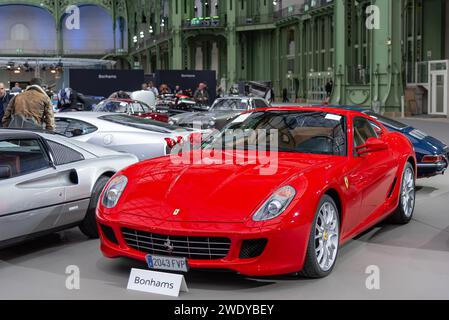 Bonhams 2020 sale at the Grand Palais in Paris. Focus on a red 2007 Ferrari 599 GTB Fiorano. Chassis no. ZFFFD60B000151959. Stock Photo